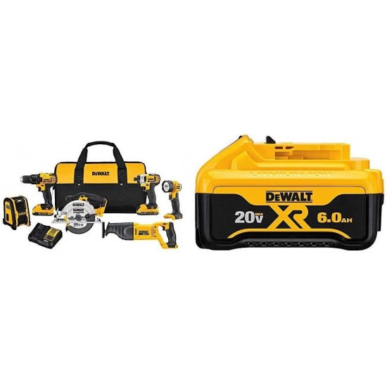 DEWALT DCK620D2 20V MA Compact 6-Tool Combo Kit with DEWALT 20V MAX Battery, Premium 6.0Ah (DCB206)