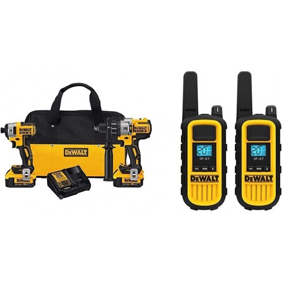 DEWALT 20V MAX XR Brushless Impact Driver and Hammer Drill Combo Kit, Premium 4.0Ah with 2 Watt Heavy Duty Walkie Talkies, 2 Pack (DCK299M2 & DXFRS800)