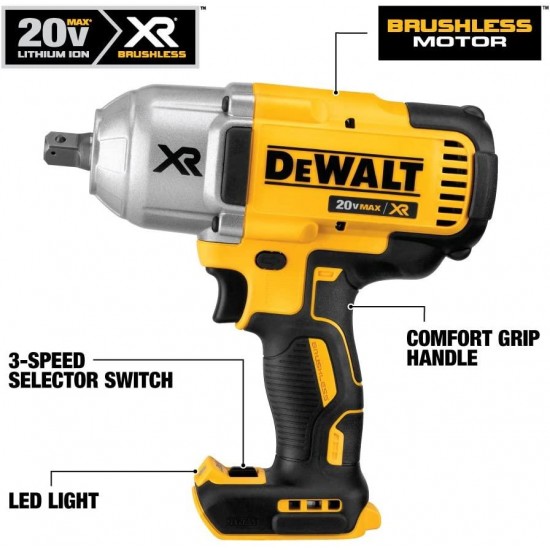 DEWALT 20V MAX XR Impact Wrench Kit, Brushless, High Torque, Detent Anvil, 1/2-Inch (DCF899P1)