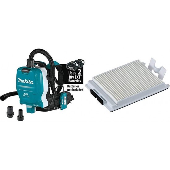 Makita XCV10ZX 18V X2 LXT Lithium-Ion (36V) Brushless Cordless 1/2 Gallon HEPA Filter Backpack Dry Dust Extractor, AWS Capable, Tool Only with 2, 123636-9 HEPA Filters