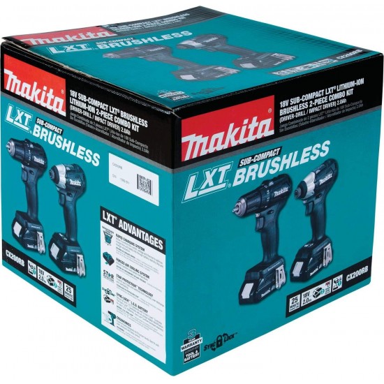 Makita CX200RB 18V LXT Lithium-Ion Sub-Compact Brushless Cordless 2-Pc. Combo Kit (2.0Ah), Black