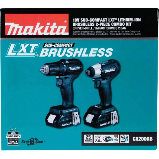 Makita CX200RB 18V LXT Lithium-Ion Sub-Compact Brushless Cordless 2-Pc. Combo Kit (2.0Ah), Black