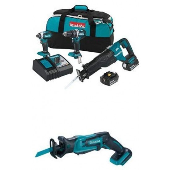 Makita XT328M 4.0 Ah 18V LXT Lithium-Ion Brushless Cordless Combo Kit, 3 Piece with Two XRJ01Z 18-Volt LXT Lithium-Ion Cordless Compact Reciprocating Saws (Tools Only, No Batteries)