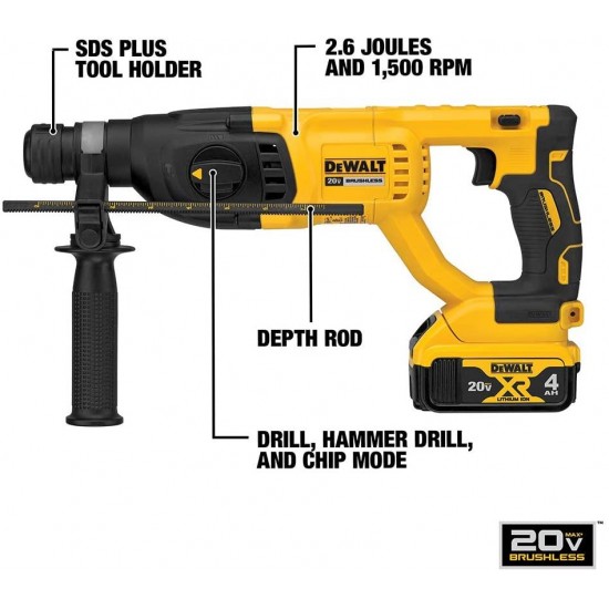 DEWALT 20V MAX XR Rotary Hammer Drill Kit, D-Handle, 1-Inch (DCH133M2)