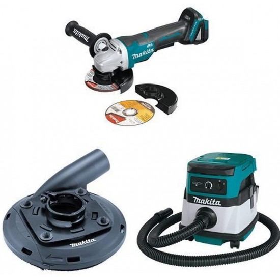 Makita XAG11Z 18V LXT Brushless 4-1/2-Inch - 5-Inch Cut-Off/Angle Grinder (Tool Only), 195236-5 Surface Grinding Shroud, & XCV04Z 18V X2 LXT (36V) 2.1 Gallon HEPA Filter Dry Dust Extractor/Vacuum