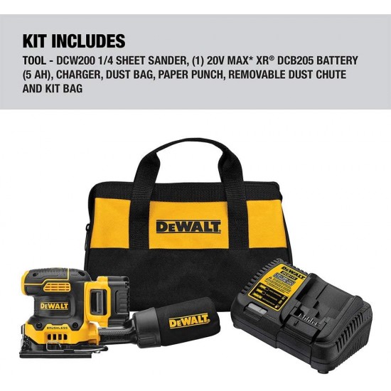 DEWALT 20V MAX XR Palm Sander, Sheet, Variable Speed, 5-Ah Battery, 1/4-Inch (DCW200P1)