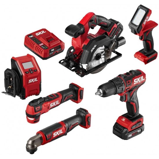 Skil PWR CORE 12 Brushless 6-Tool Combo Kit, Included 4.0Ah Lithium Battery, 2.0Ah Lithium Battery and PWRJump Charger - CB7434-21