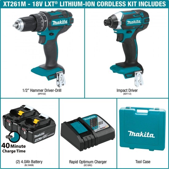 Makita XT261M 2 Piece 18V Lithium-Ion 4.0 Ah Cordless Combo Kit