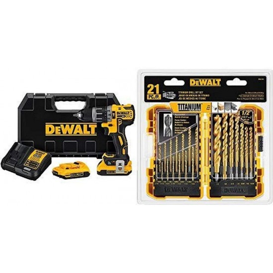 DEWALT DCD797D2 20V Max XR Tool Connect COMPACT Hammerdrill Kit with DEWALT DW1361 Titanium Pilot Point Drill Bit Set, 21-Piece