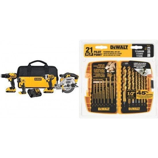 DEWALT DCK421D2 20V MAX Lithium-Ion 4-Tool Combo Kit, 2.0Ah with Titanium Pilot Point Drill Bit Set, 21-Piece