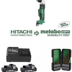 Metabo HPT Right Angle Drill (Tool Only) with Battery (2-Pack) and Charger Combo Kit and Drill Bit Set, 17 Piece