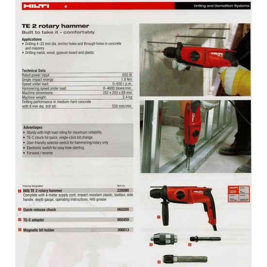 Hilti Rotary Hammer Drill Corded Electric Profeesional Concrete Tool 650W TE-2