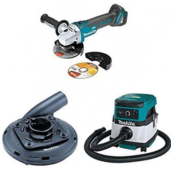 Makita XAG04Z 18V LXT Brushless Cordless 4-1/2-Inch - 5-Inch Cut-Off/Angle Grinder (Tool Only), 195236-5 Grinding Shroud, & XCV04Z 18V X2 LXT (36V) 2.1 Gallon HEPA Filter Dry Dust Extractor/Vacuum