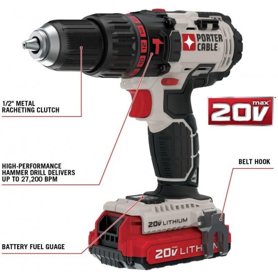 PORTER-CABLE 20V MAX Hammer Drill, Tool Only (PCC620LB)