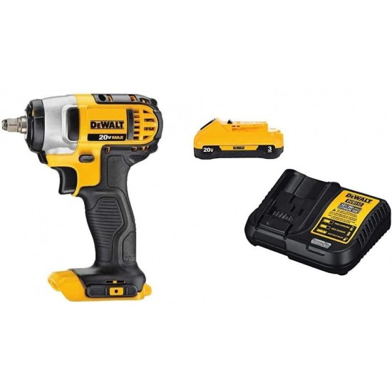 DEWALT 20V MAX Cordless Impact Wrench with Hog Ring, 3/8-Inch with Battery Pack & Charger, 3-Ah (DCF883B & DCB230C)