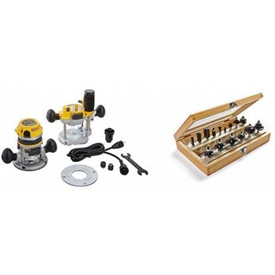 DEWALT DW618PK 12-AMP 2-1/4 HP Plunge and Fixed-Base Variable-Speed Router Kit with Irwin Tools 1901048 Marples Deluxe Router Bit Set (15 Piece)