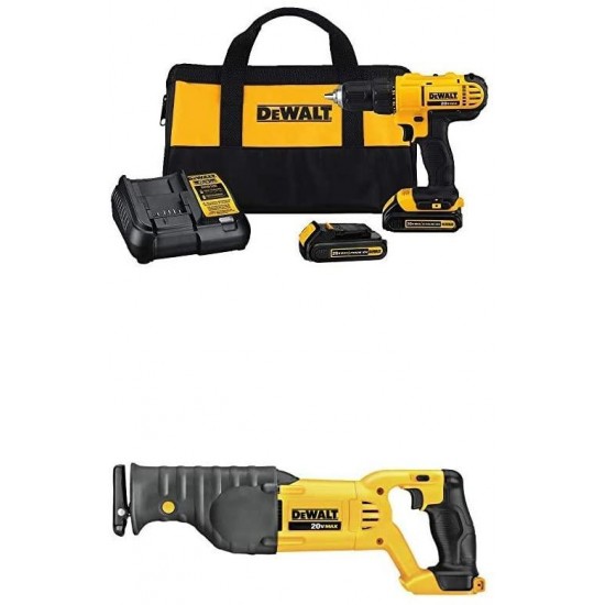 Dewalt DCD771C2 20V MAX Cordless Lithium-Ion 1/2 inch Compact Drill Driver Kit and Reciprocating Saw, Bare Tool Only