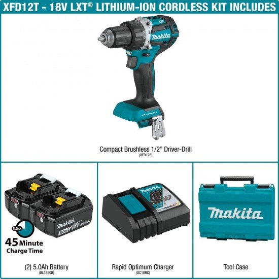 Makita XFD12T 5.0 Ah 18V LXT Lithium-Ion Compact Brushless Cordless 1/2