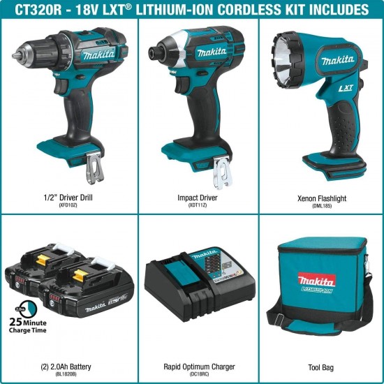 Makita CT320R 18V LXT Lithium-Ion Compact Cordless 3-Pc. Combo Kit (2.0Ah)