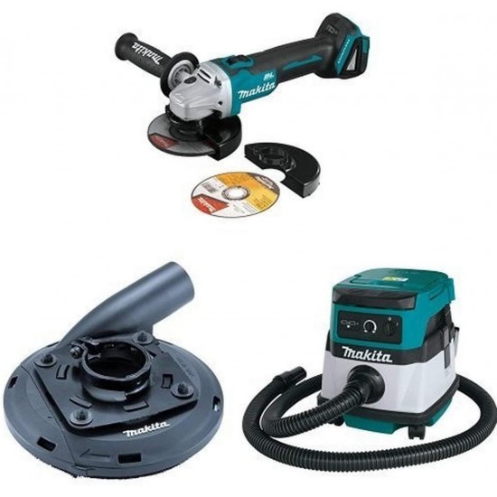 Makita XAG09Z 18V LXT Brushless 4-1/2-Inch - 5-Inch Cut-Off/Angle Grinder (Tool Only), 195236-5 Surface Grinding Shroud, XCV04Z 18V X2 LXT (36V) 2.1 Gallon HEPA Filter Dry Dust Extractor/Vacuum