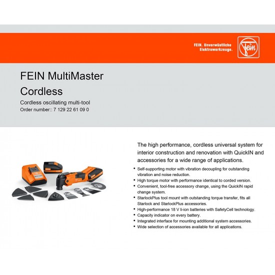 FEIN 71292261090 Cordless MultiMaster StarlockPlus Oscillating Multi-Tool with snap-fit accessory change